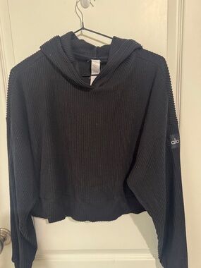 ALO Yoga Black Ribbed Cropped Hoodie Sweater